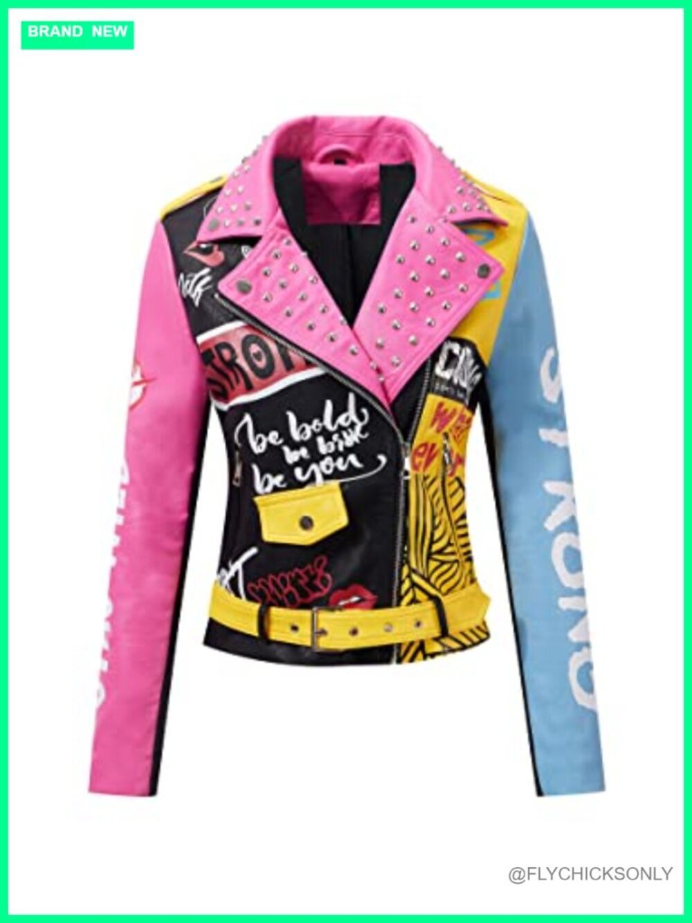 Faux Leather Studded Rivet Moto Jacket Belted Hip-Length Streetwear